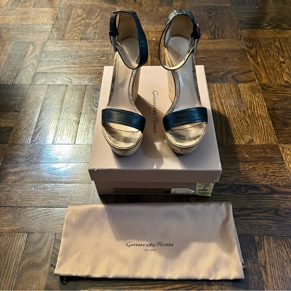 GIANVITO ROSSI BLACK LEATHER CORK WEDGE PLATFORM SANDAL - SIZE 39 (9) - Picture 10 of 10